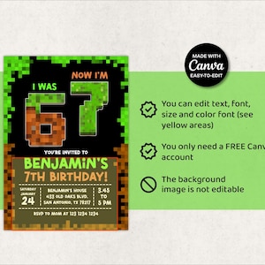 May include: A digital birthday invitation with a pixelated design. The invitation states "I was 6, now I'm 7" and invites guests to Benjamin's 7th birthday party. Details include the date, time, and location in San Antonio, TX.