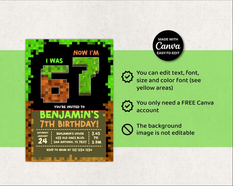 May include: A digital birthday invitation with a pixelated design. The invitation states "I was 6, now I'm 7" and invites guests to Benjamin's 7th birthday party. Details include the date, time, and location in San Antonio, TX.