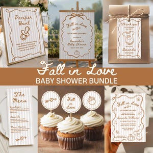 May include: A baby shower stationery bundle featuring a white and light grey striped pattern with brown line art illustrations and text. Items include a Pacifier Hunt sign, a welcome sign, favour tags, a menu, cupcake toppers, and an invitation.