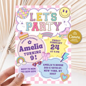 Preppy smiley verjaardagsuitnodiging, Varsity patch party, Lets party uitnodiging kind, patch brieven uitnodiging, retro meisje verjaardagsuitnodiging
