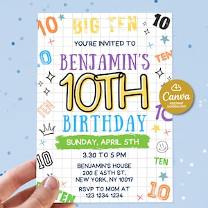Einladungen zum 10. Geburtstag Jungen, 10 Jahre Geburtstagseinladung digital, bunte Geburtstagseinladung, 10