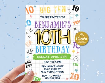 10th birthday boys party invitations printable, 10 year old birthday invitation digital, Colorful digital birthday invitation editable, Ten