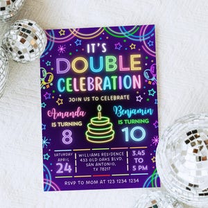 May include: A purple birthday party invitation with neon text that reads "It's Double Celebration." The invitation includes the names Amanda and Benjamin, the date, time, and location. Silver disco balls are in the background.