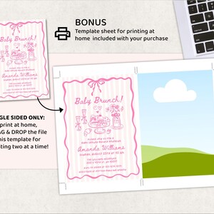 May include: Pink baby brunch invitation with a bow and striped border. The invitation includes the text "Baby Brunch!" and event details. A template sheet for printing at home is included.