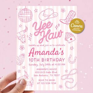 May include: Pink and white invitation with a cowboy theme. The invitation features the words "Yee Haw" in a cursive font, along with illustrations of a cowboy hat, boots, and a horseshoe. The text reads "Amanda's 10th Birthday".
