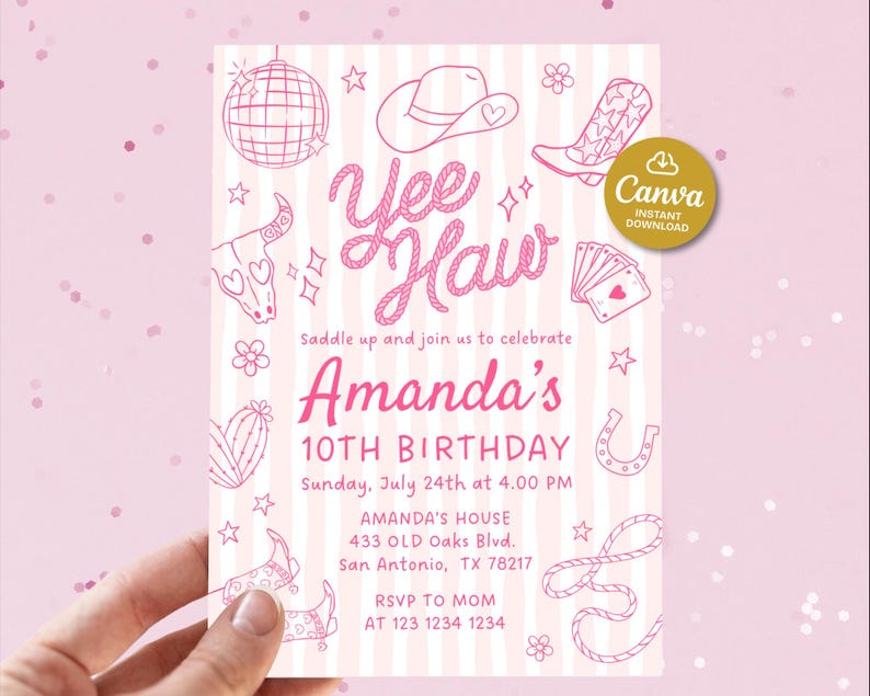 May include: Pink and white invitation with a cowboy theme. The invitation features the words "Yee Haw" in a cursive font, along with illustrations of a cowboy hat, boots, and a horseshoe. The text reads "Amanda's 10th Birthday".