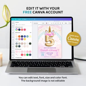 May include: A laptop displays a birthday invitation template with a unicorn theme. The invitation features a gold number 5 balloon, text that reads "Amanda is turning 5!", and the Canva logo. The text "Edit it with your free Canva account" is at the top.