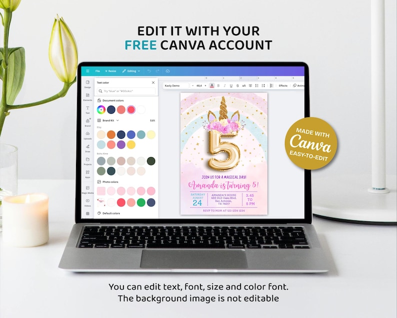 May include: A laptop displays a birthday invitation template with a unicorn theme. The invitation features a gold number 5 balloon, text that reads "Amanda is turning 5!", and the Canva logo. The text "Edit it with your free Canva account" is at the top.