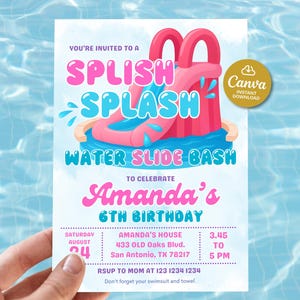 Water slide birthday girl, Splish splash pool party birthday invitation, Summer birthday invite for girl Swimming party invite watercolor