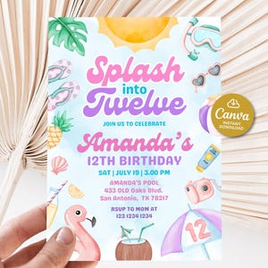 Splash into TWELVE Pool party girl invitations, 12th Birthday Pool Party, Summer birthday party invite, Swimming party invite watercolor