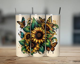 Sunflowers Leopard 20oz Skinny Tumbler Wrap, Floral Sublimation Tumbler Design, Leopard Print Flower Digital Download
