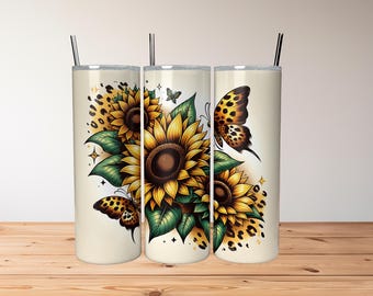 Sunflowers Leopard 20oz Skinny Tumbler Wrap, Floral Sublimation Tumbler Design, Leopard Print Flower Digital Download