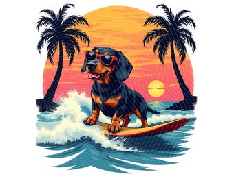 Surfer Dog PNG – Cool Dachshund Beach Design – Funny Dog Lover Shirt Design – Summer Sunset Sublimation for DIY & POD