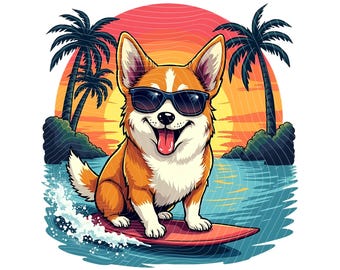 Surfing Corgi PNG – Funny Summer Dog Shirt Design – Sublimation Clipart for DIY & POD – Retro Sunset Beach Pet Art - Trendy Shirt Designs