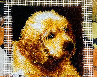 Golden Retriever Puppy Vintage Completed Latch Hook Wall Hanging