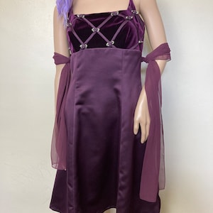 Purple Velvet and Satin Vintage 90s Square Neck Empire Waist Dress with Chiffon Sash