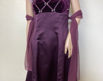 Purple Velvet and Satin Vintage 90s Square Neck Empire Waist Dress with Chiffon Sash