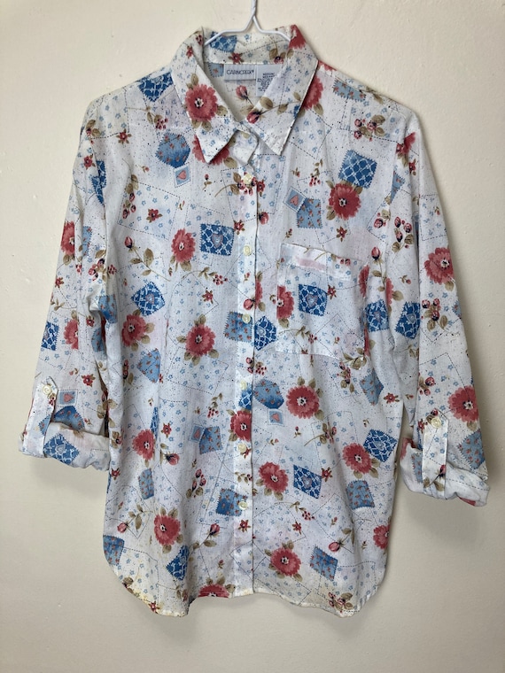 Patchwork Print Vintage 70s Collared Button Down … - image 2