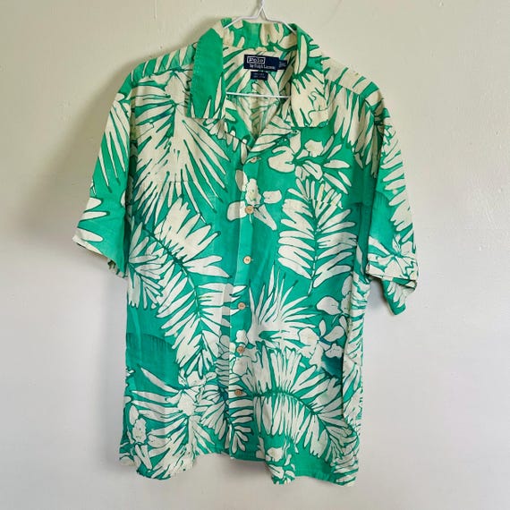 Polo Ralph Lauren Vintage 90s Green Hawaiian Linen Cotton Collared