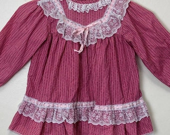 Spitzen Kragen Pink Calico Vintage 70er Jahre Mädchen Rüschen Prärie Kleid Kinder 4T