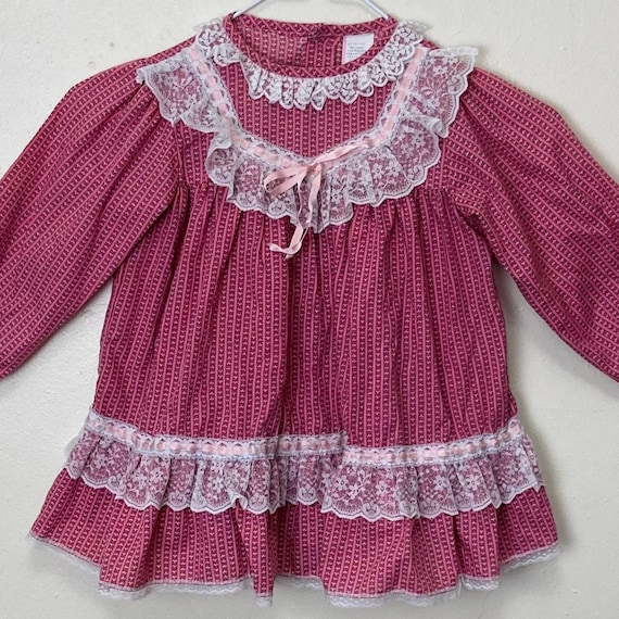 Lacy Collared Pink Calico Vintage 70s Girls Ruffl… - image 1