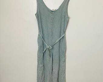Sage Green Pure Linen Wide Leg Jumpsuit Overalls