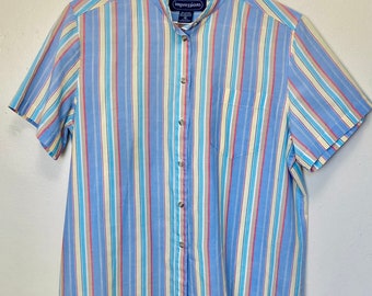 Striped Band Collar Vintage 80s Boxy Button Down Casual Top