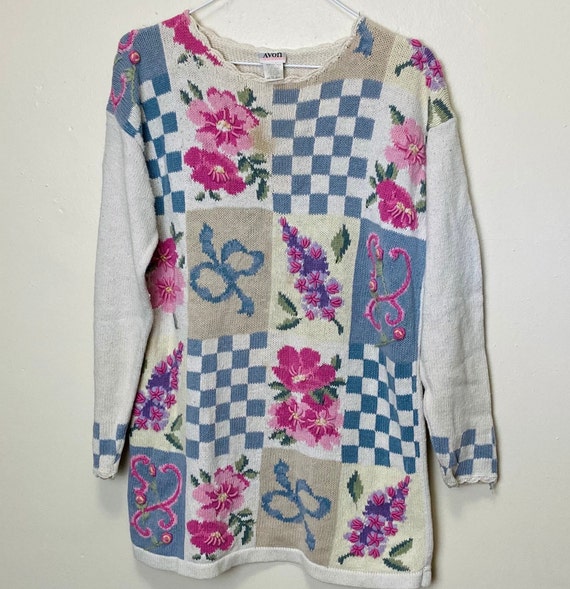 Flowers Checkers and Bows Vintage 90s Chunky Pull… - image 1