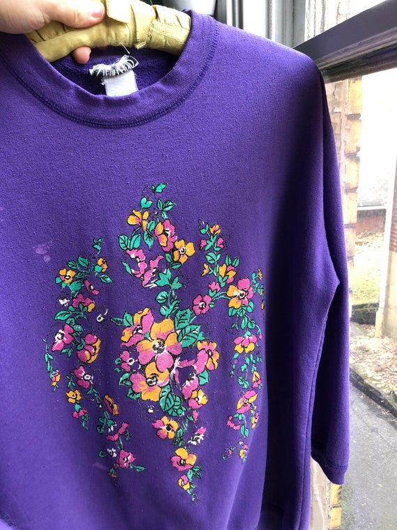 Vintage 80s Botanical Oversize Purple Sweatshirt - image 4