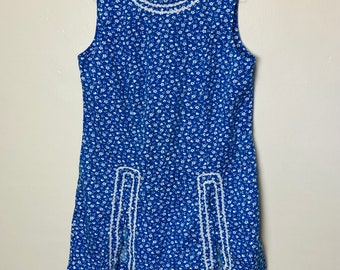 Slit Skirt Vintage 70s Blue and White Calico Hearts Shift Dress