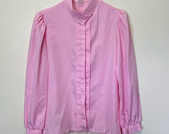 Pleat Collared 1970s Rosy Pink Button Down Blouse