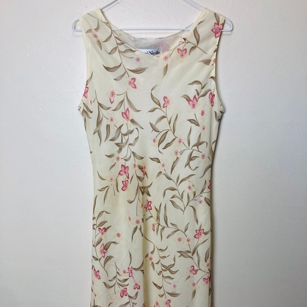 Pale Yellow and Pink Vintage 90s Bias Cut Chiffon Midi Dress