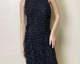 Vestido de festa vintage de seda pura com contas dos anos 90, gola alta, sem mangas