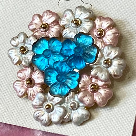 Glowy Blue and Pastel Vintage Flower Bouquet Broo… - image 1