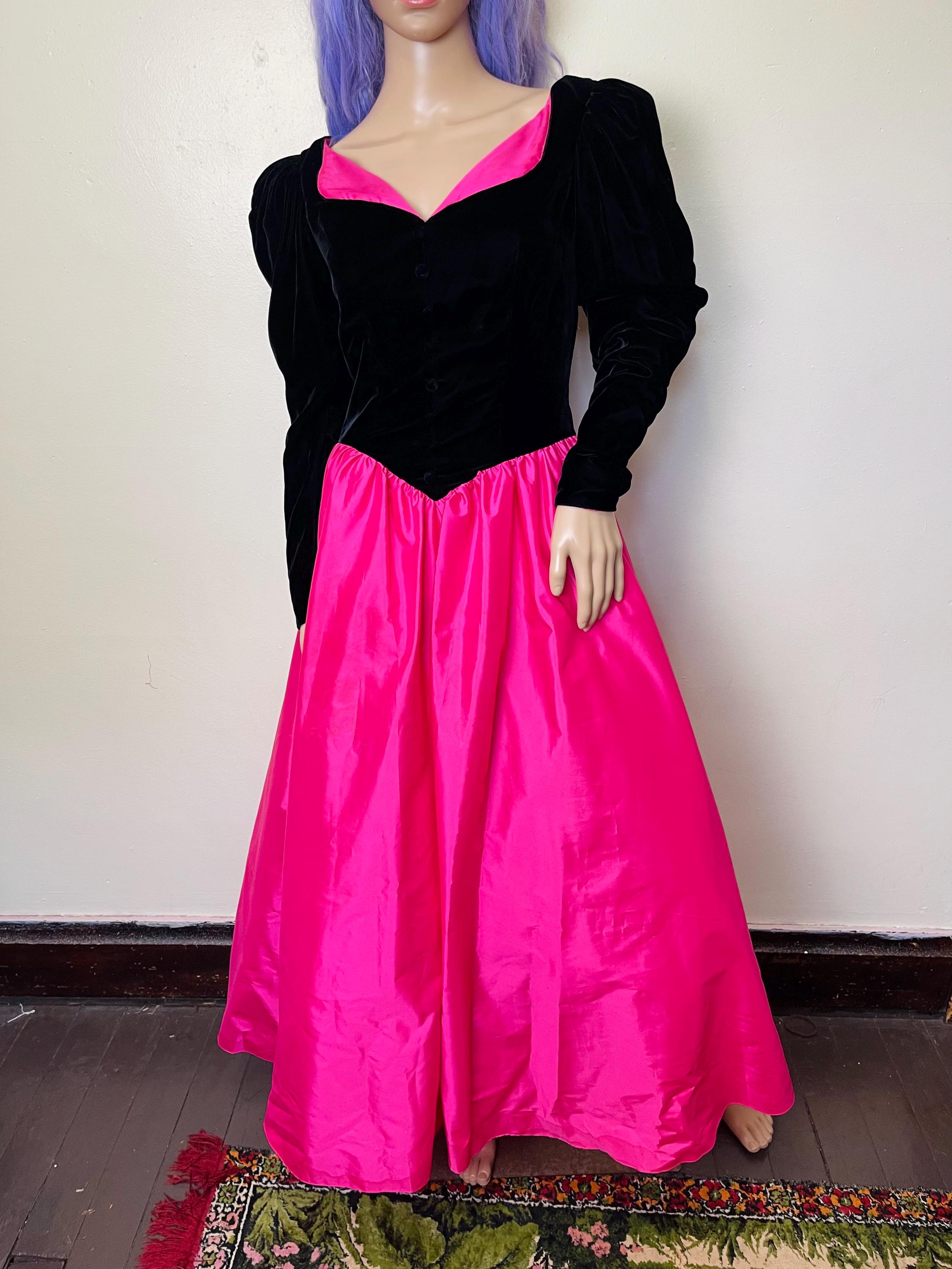 Pink Mutton Hot Pink and Black Velvet Vintage 80s Mutton Sleeve Sweetheart Princess ...