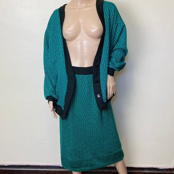 Teal Abstract Vintage 80s Trippy Sweater Cardigan… - image 1