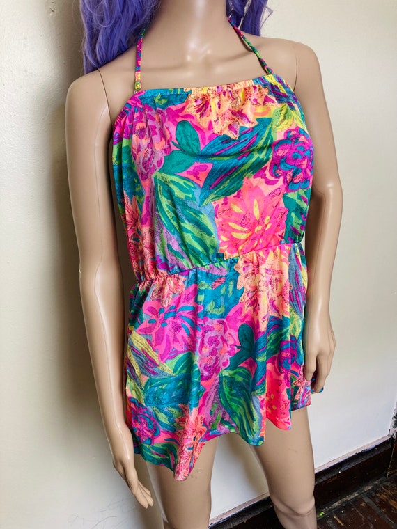 Neon 80s Abstract Floral Mini Dress Swimsuit with… - image 7