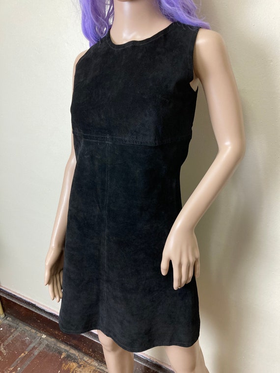 Black Leather Vintage 90s Sleeveless Shift Mini D… - image 2