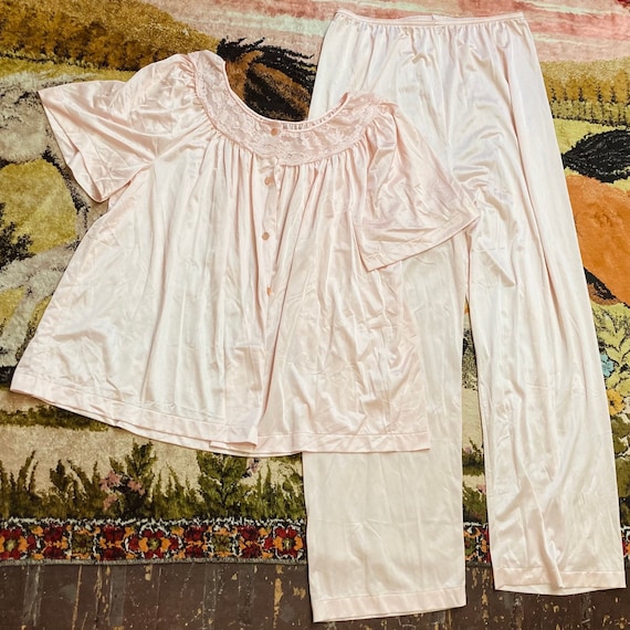 2 Piece Soft Nylon Vintage 80s Pale Pink Pants an… - image 1
