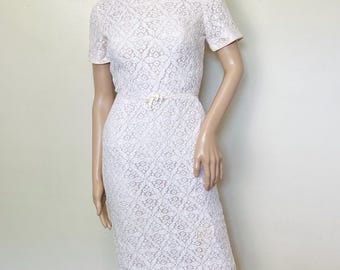 Pale Pink and White Lace 1950s Mid Century Dress