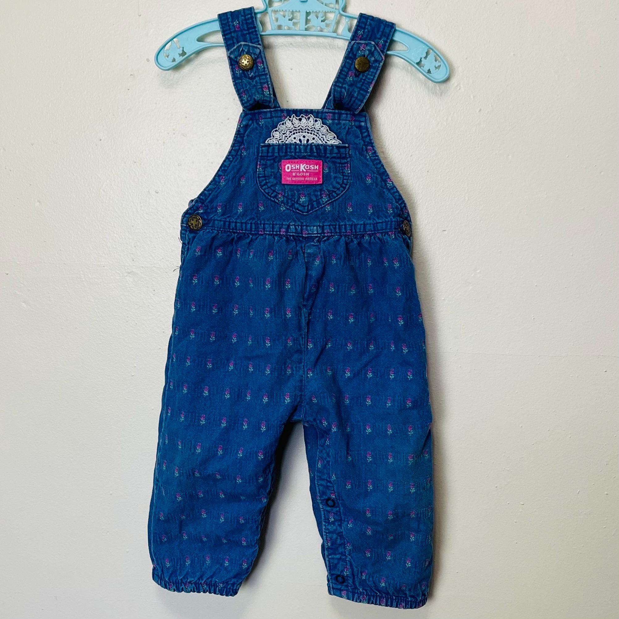 Oshkosh Blue and Pink Floral Denim Vintage Kids Overalls 18M