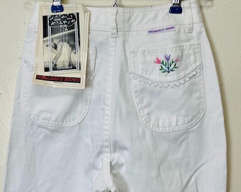 Witte denim geborduurde bloemen vintage eind jaren 80 begin jaren 90 strakke jeans deadstock NWT