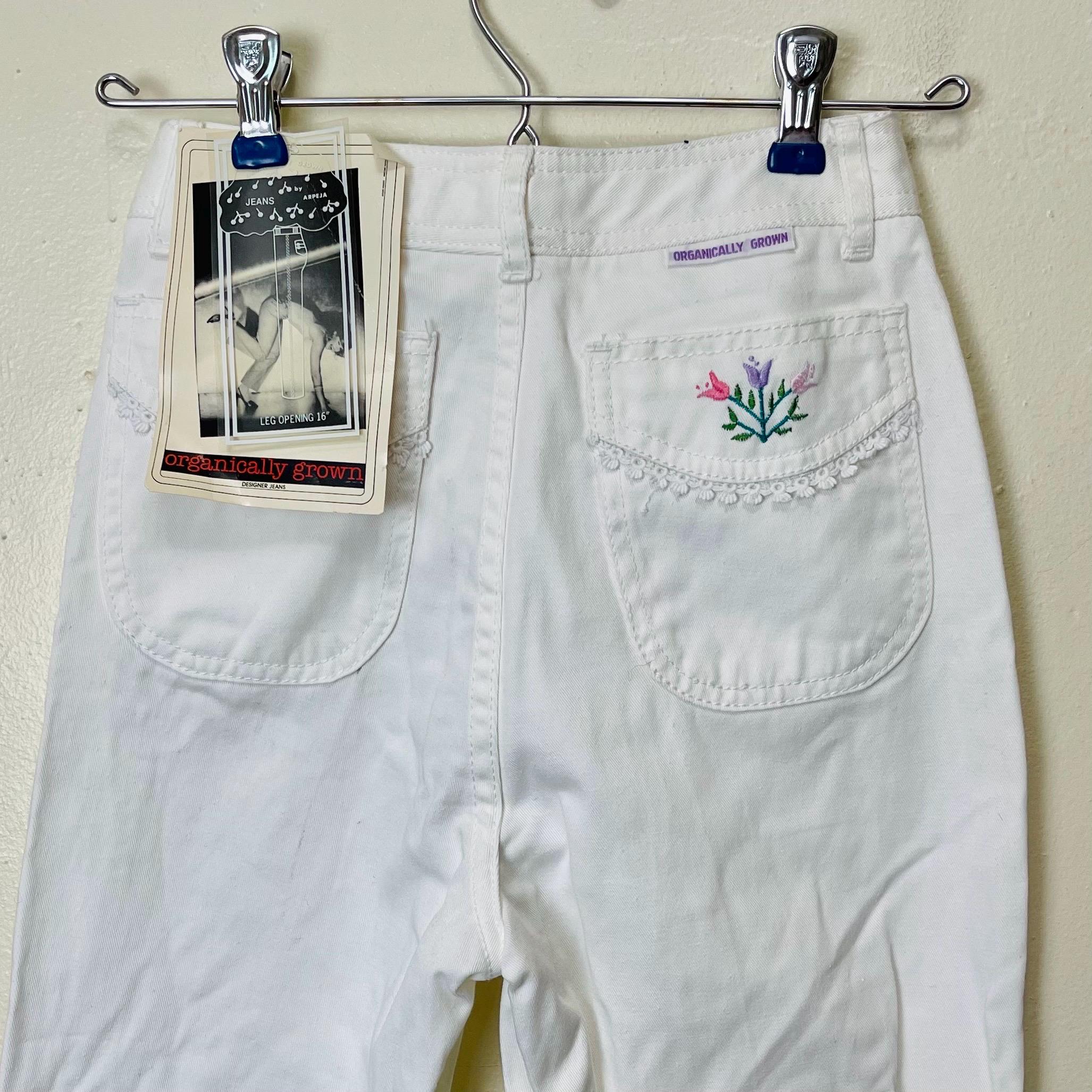 White Denim Embroidered Floral Vintage Late 80s Early 90s Tight