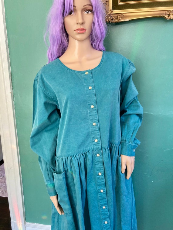 Green Denim Vintage 80s Midi Shirtdress