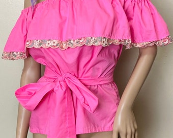 Hot Pink Vintage 70s Off the Shoulder Ruffle Top with Matching Belt or Bow