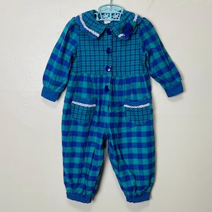 Teal and Blue Vintage 90s Ruffle Plaid Baby Bodysuit Jumpsuit 24M