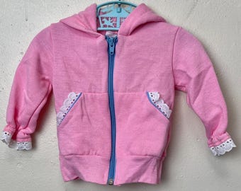 Vintage 80s Bubblegum Pink and Purple Kids Lacy Zip Up Hoodie 9-12M