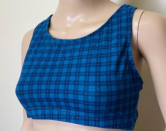 Blue and Purple Plaid Vintage 80s Colorful Aerobics Workout Crop Top