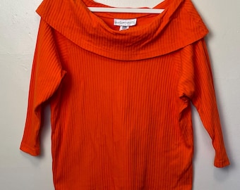 Camiseta vintage de los 90 de Necessary Objects, color naranja intenso, cuello holgado y tejido acanalado, tallas L y XL.