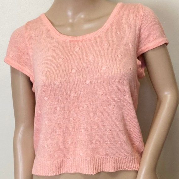 Peach Knit Vintage 80s Button Back Cropped Sweate… - image 1